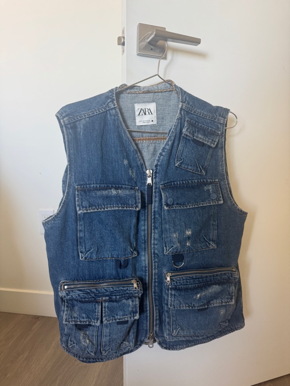 Zara Blue Distressed Denim Utility Vest